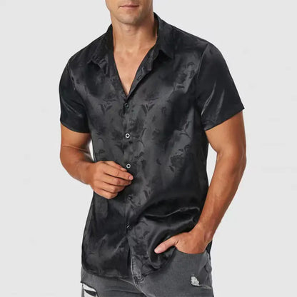 Men's Faux Silk Short Sleeve Rose Pattern Shirt