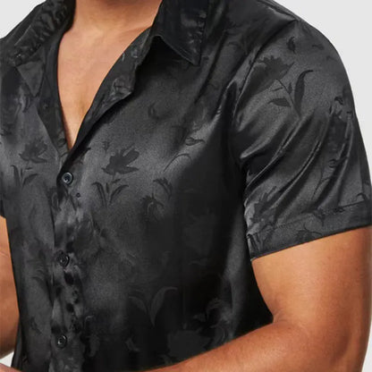 Men's Faux Silk Short Sleeve Rose Pattern Shirt