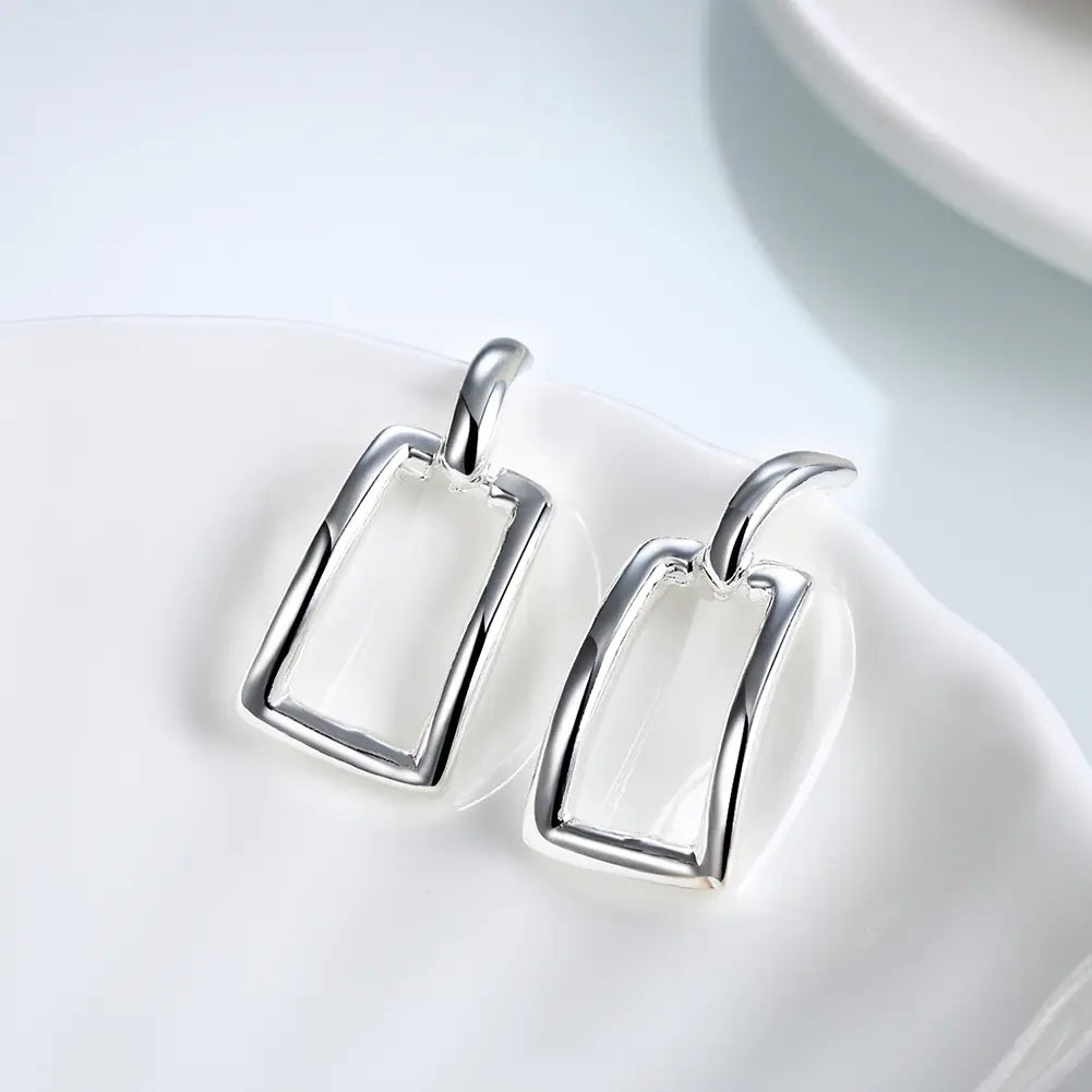 Long Square Geometric Earrings in Silver