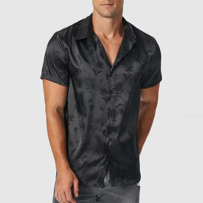 Men's Faux Silk Short Sleeve Rose Pattern Shirt